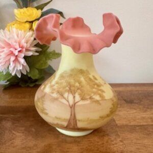 Fenton Burmese Glass Vase Signed Sue Foster – Hand Painted Ruffled Top Art Glass